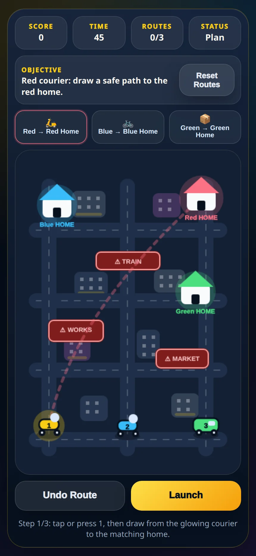 Gameplay Courier Chaos cu hartă, trei curieri, case și pericole