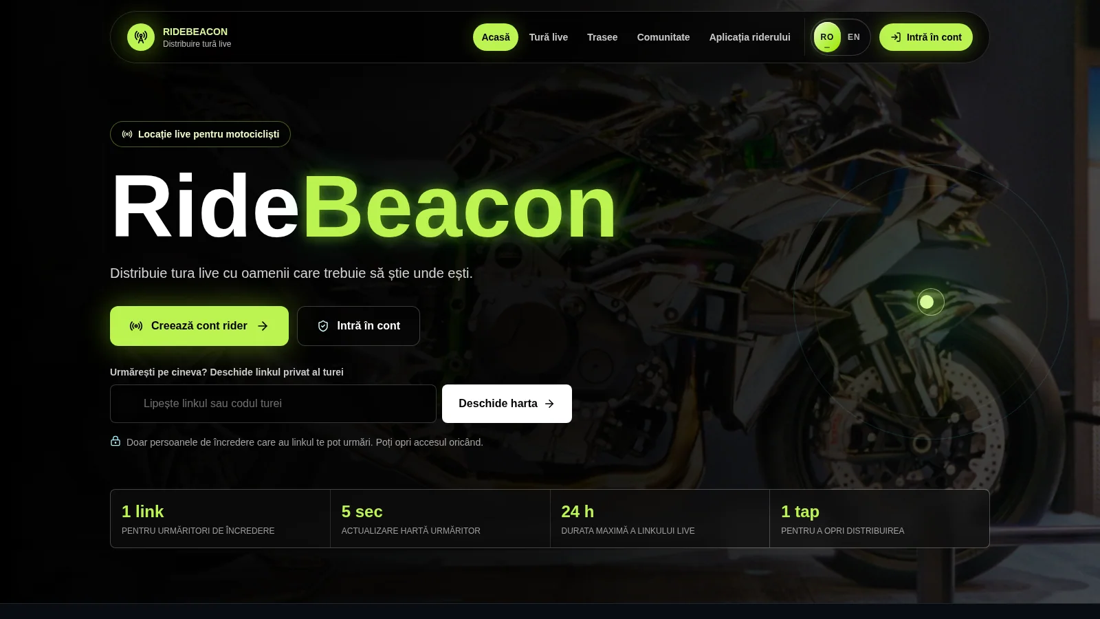 Interfața publică RideBeacon pentru partajarea unei curse