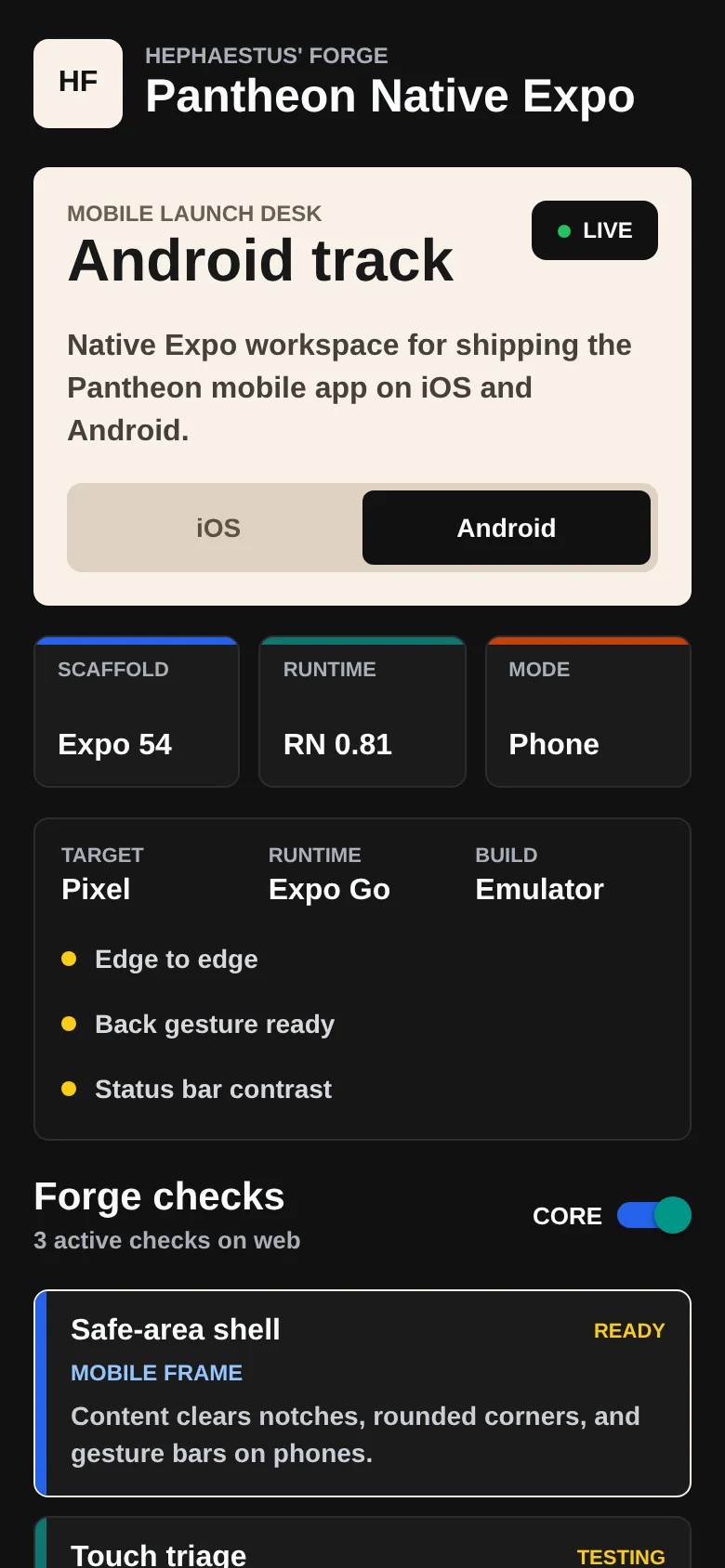 Prototipul local Pantheon Native pentru ținta Android