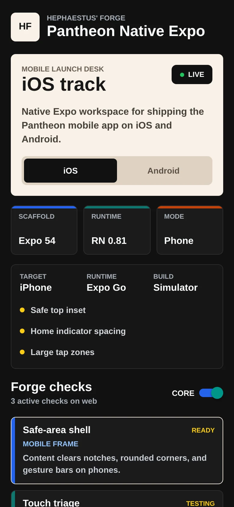 Prototipul local Pantheon Native pentru ținta iOS